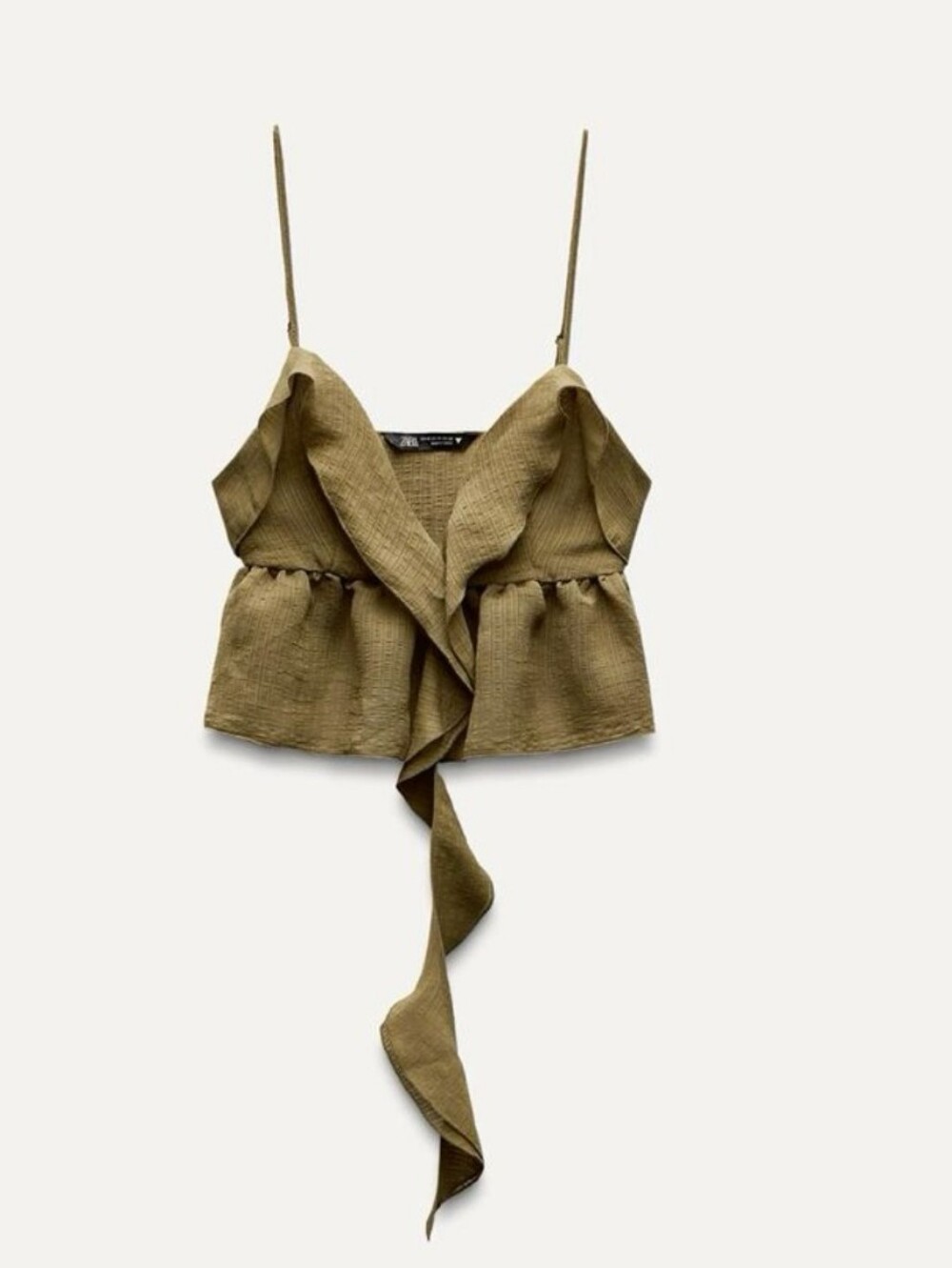 Zara Ruffled Deep V-Neck Tie Front Camisole, Semi Sheer, Olive - Picture 2 of 8